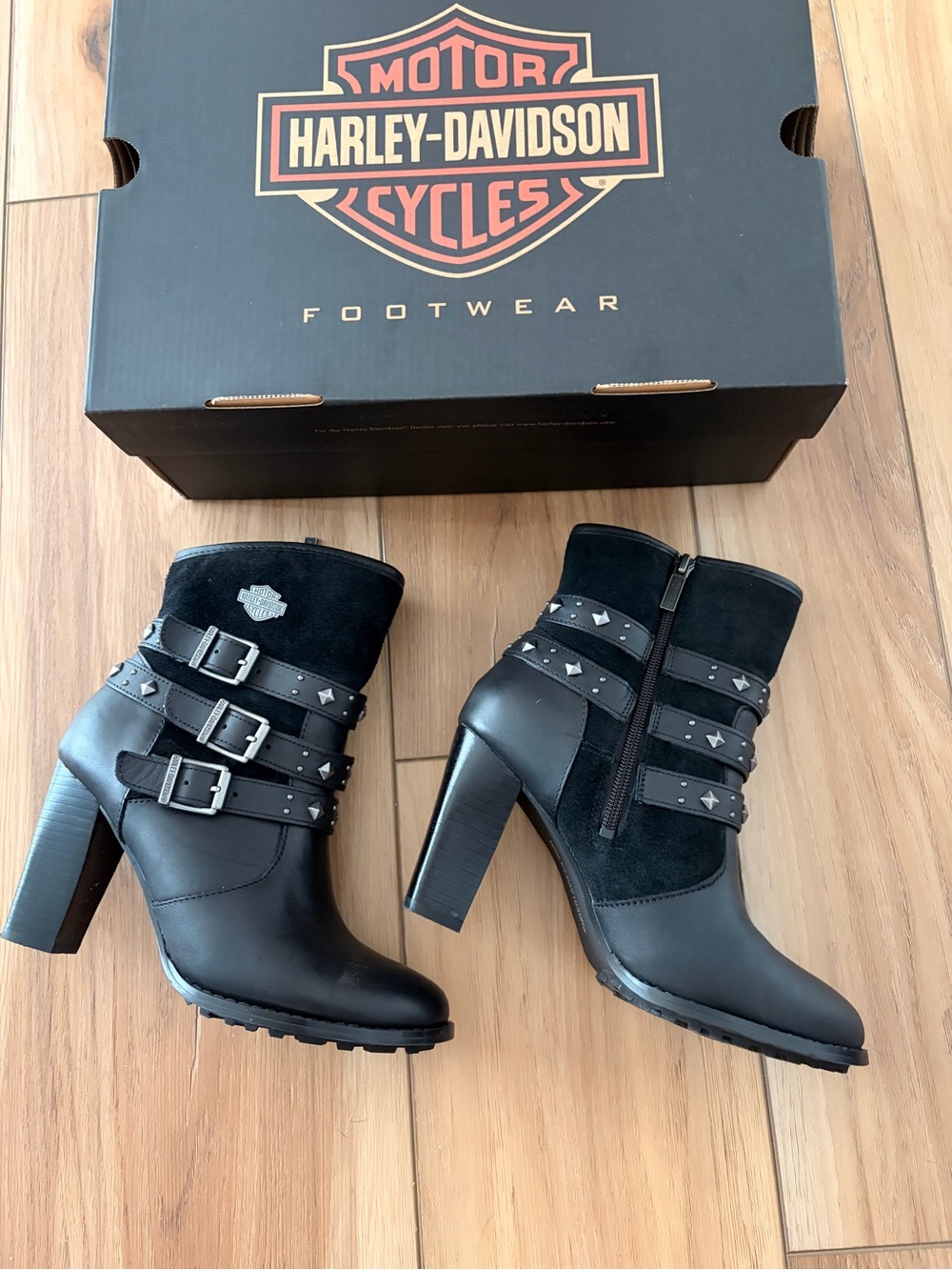 Harley-Davidson Black Leather & Suede Buckle Heeled Ankle Boots